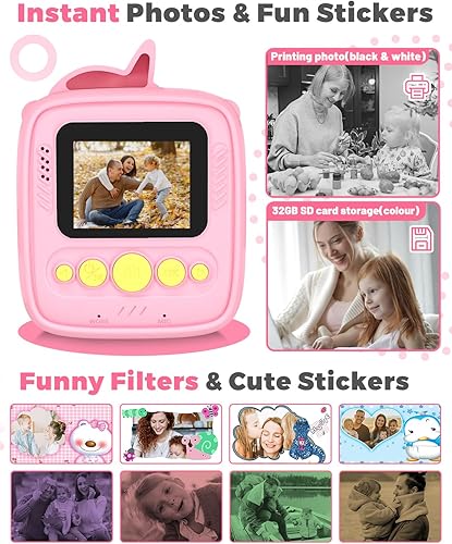 Miniatura 5 de Cámara de impresión instantánea para niños de 3 a 12 años, cámara para niños con tarjeta SD de 32 G y 3 rollos de papel, foto de 48 MP y video de