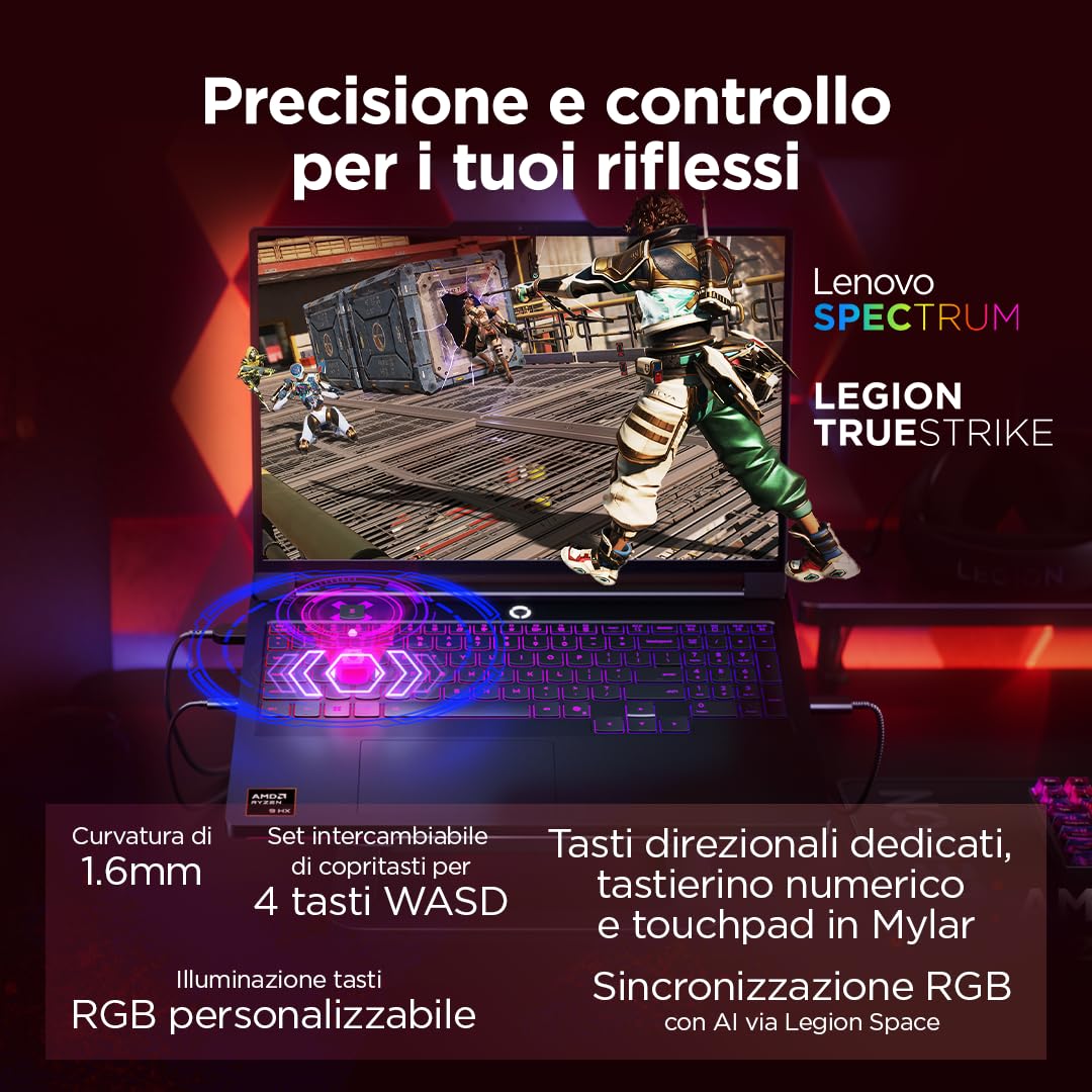 Lenovo Legion Pro 7 Gaming AI Laptop - Display OLED 16" WQXGA 240Hz, NVIDIA GeForce RTX 5080, AMD R9 9955HX3D, RAM 32GB DDR5, SSD 2TB, Windows 11, Tastiera RGB QWERTY, 3 mesi GamePass