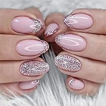 24 Pcs French Rose Almond False Nails Short False Nail Tips Acrylic Glossy Glue On Nails 12 Sizes for Women Girls Party DIY Home