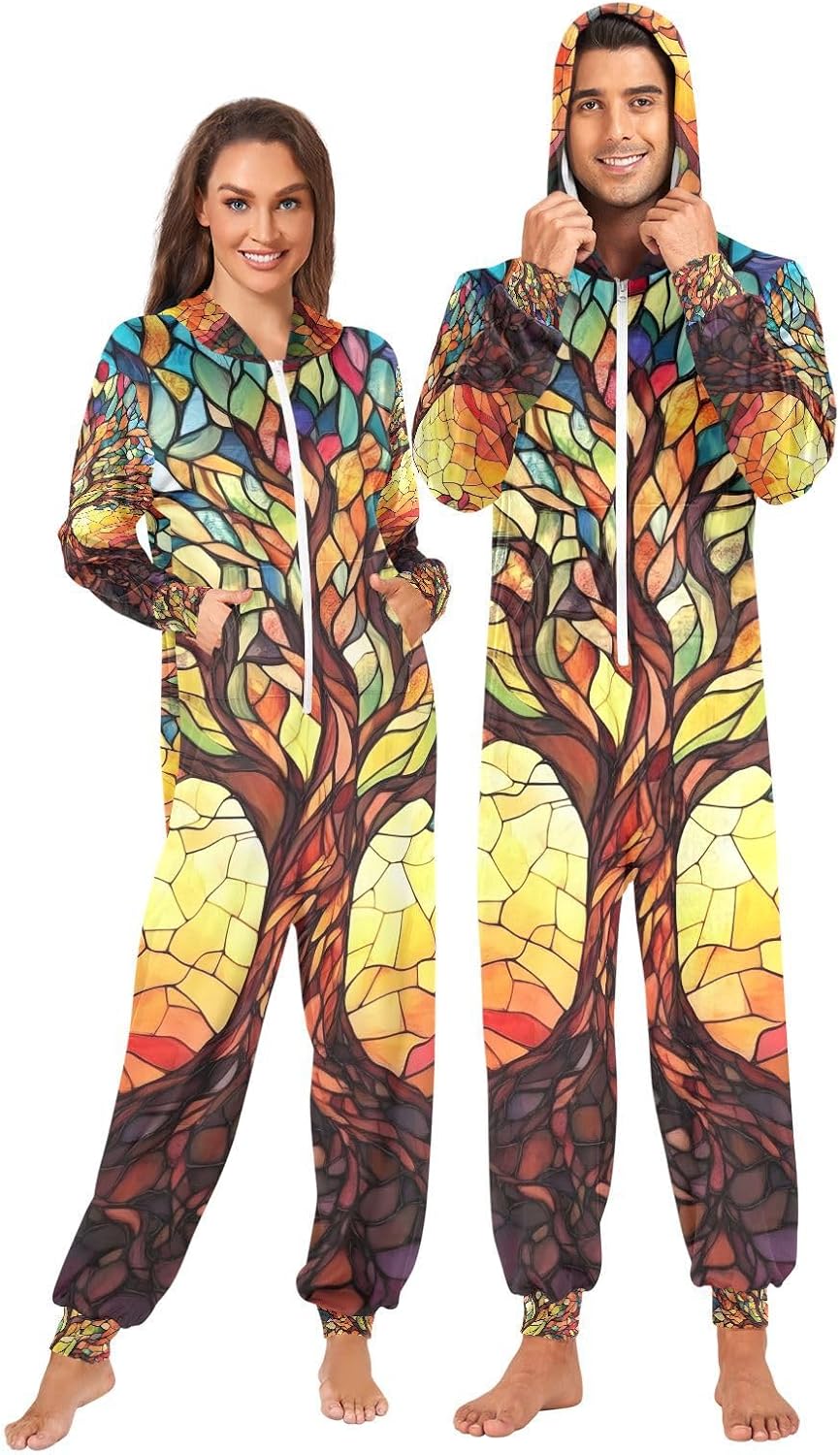 Tree Of Life with Leaves Unisex Adult Onesie Pajamas Comfy One Piece Costume Jumpsuits Novelty Sleepwear Homewear for Men Women