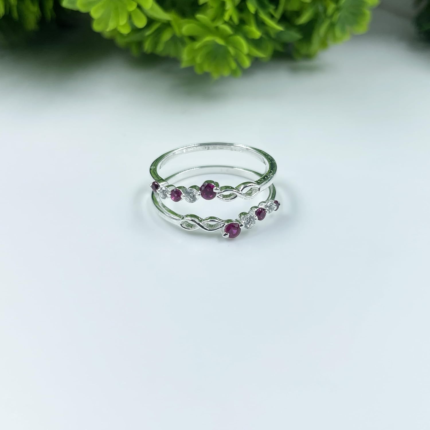 Red Ruby & White Diamond Swirl Enhancer Guard For Women, 14k Gold Plated Silver July Birthstone Ruby Wrap Ring, Enhancer Ring Guard