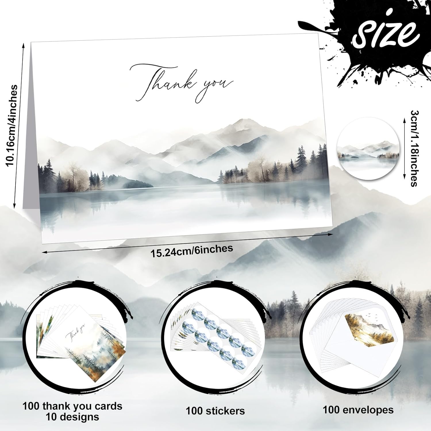 Zhanmai 100 Set Thank You Cards for Gratitude with Envelopes Stickers Bulk 4 x 6 Inch Watercolor Forest Employee Recognition Colorful Greeting Note Card Neon Appreciation Postcard (Forest)