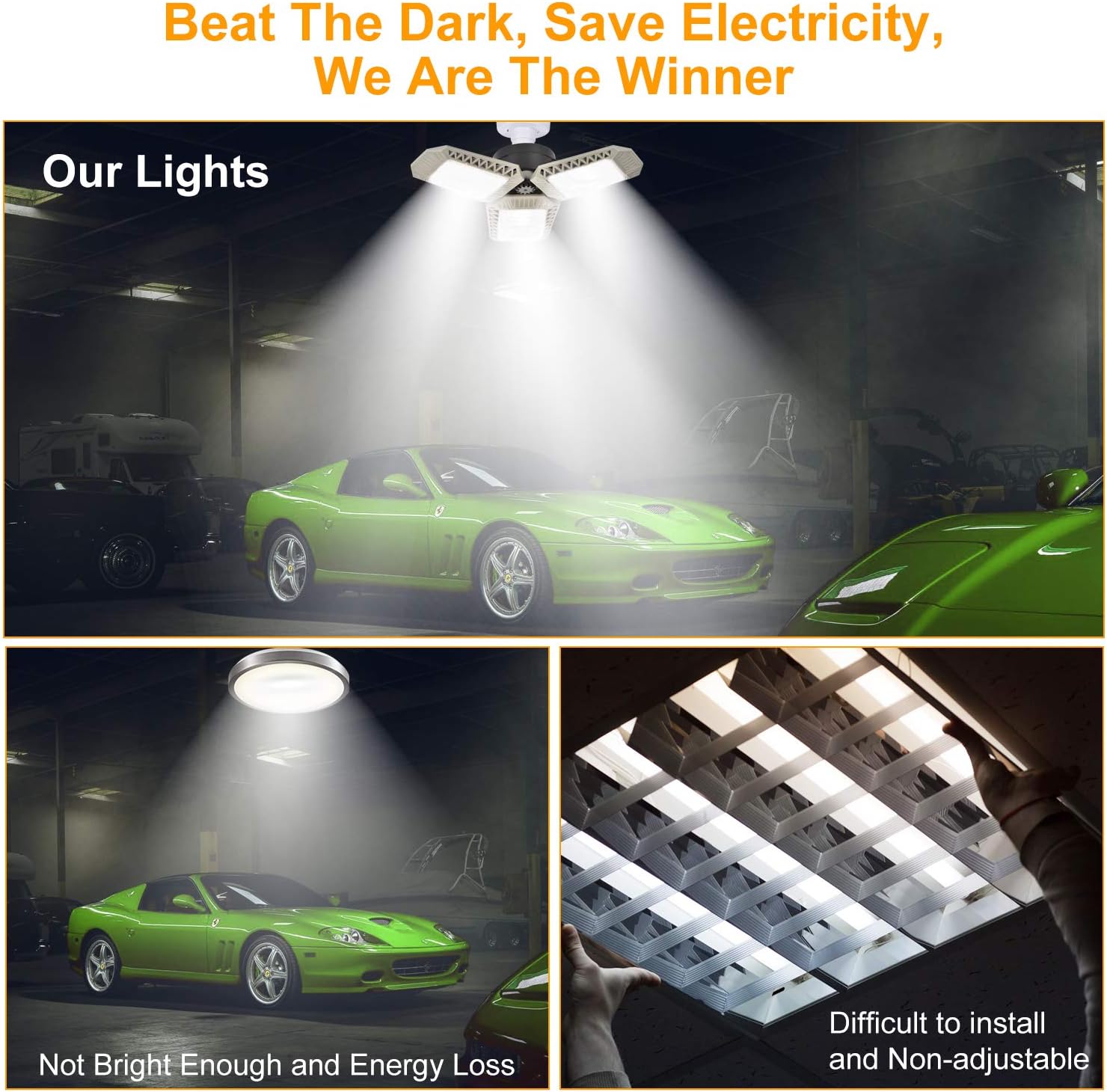 2 Pack LED Garage Lights, 60W 6000LM Deformable LED Garage Ceiling Lights with 3 Adjustable Panels, E26 Super Bright LED Shop Lights for Garage, Warehouse, Basement, Barn Light (2PACK)