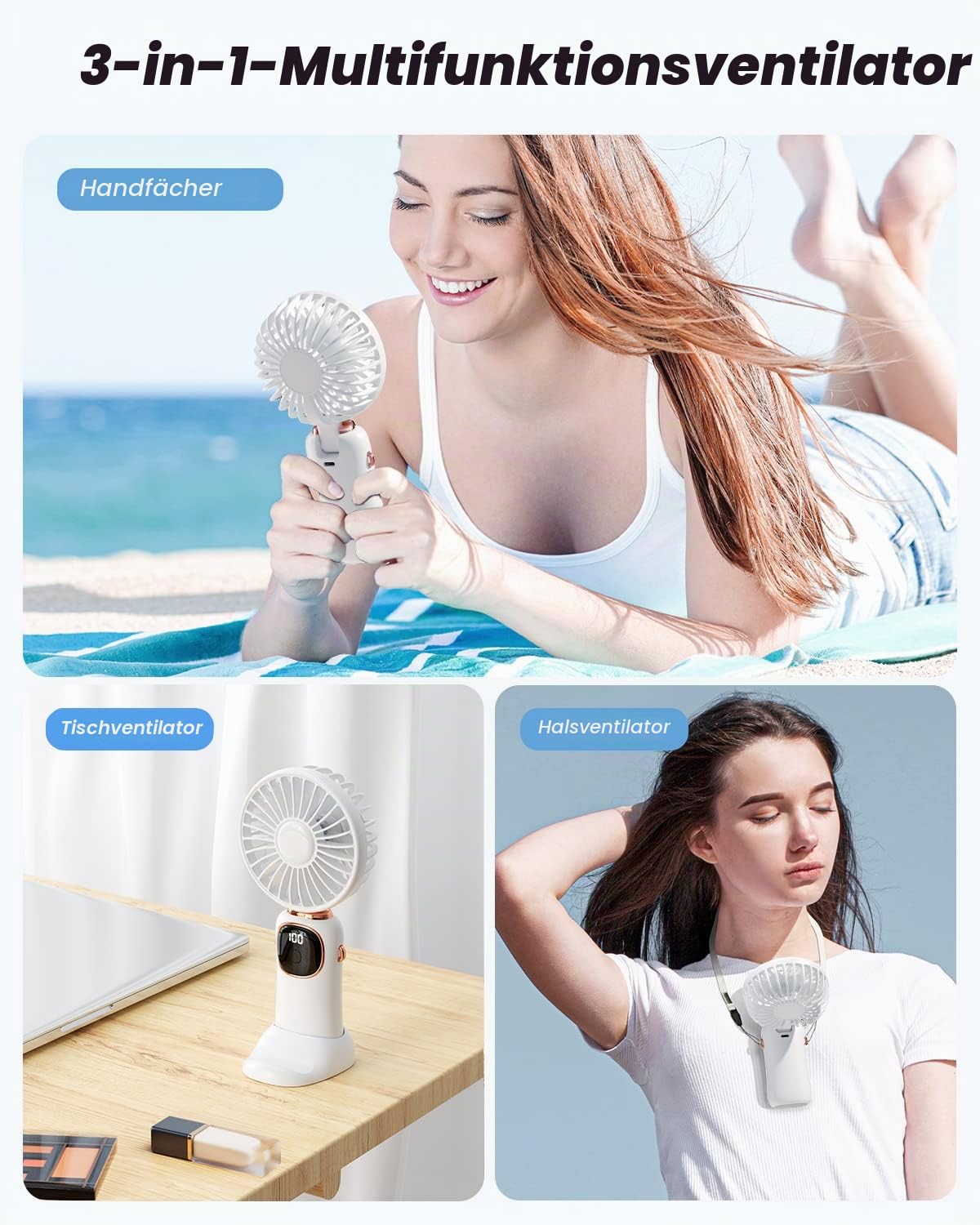 coldSky Tragbarer Handventilator, 4000 mAh, batteriebetrieben, 3-in-1-Multifunktions-Reiseventilator mit Digitalanzeige, kleiner Ventilator für Damen und Herren, drinnen und draußen