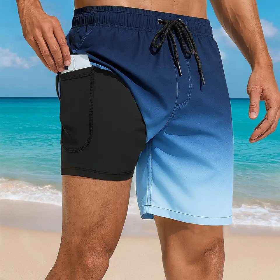 Calção de banho de secagem rápida com forro de compressão, roupa de banho, shorts de praia para natação de verão e uso casual (M, G, GG, 2GG)