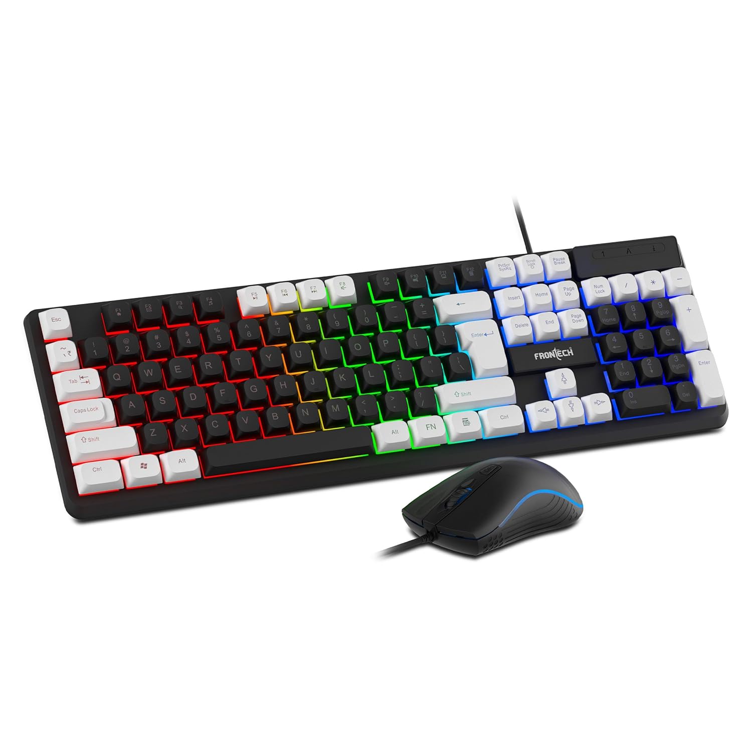 Frontech Quantum Striker Gaming Combo | Rainbow Backlit Keyboard with Optical Mouse | 2400 DPI Adjustable | 4 Button Mouse | USB Plug & Play | 104 Keys | 1 Year Warranty (KB-0050BLK)