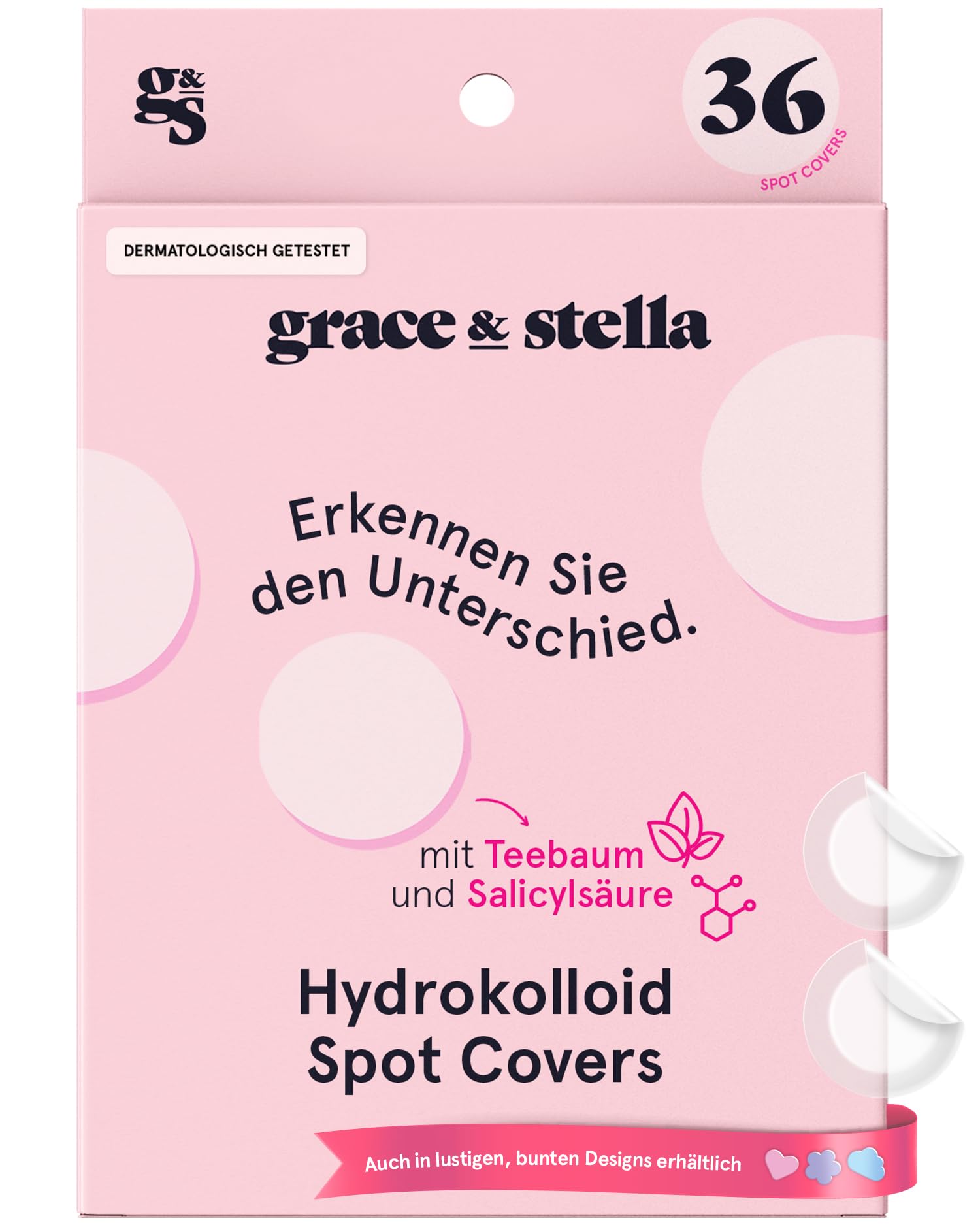 grace & stella Pickel Patch, Spotabdeckung, Hydrocolloid-Patches für Gesicht, Dermatologe Getestete & Vegane Spot Cover [Rund, 36 Stück]