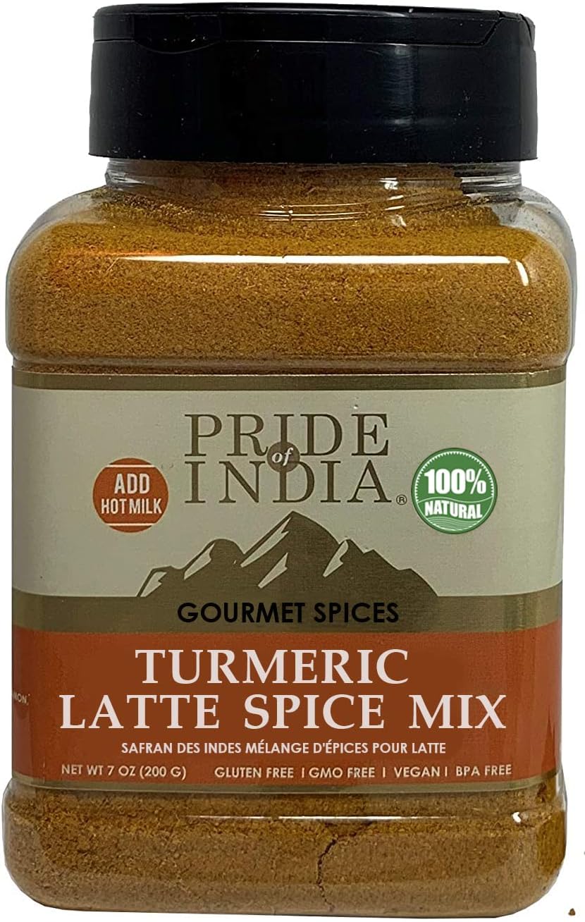 Pride of India - PACK of 6 - Turmeric Latte Spice Mix – Gourmet & Warm Tea Spice Blend – Healthy/Gluten-Free – Ideal for Lattes/Smoothies/Golden Milk – Easy to Store – 7 oz. Medium Dual Sifter Jar