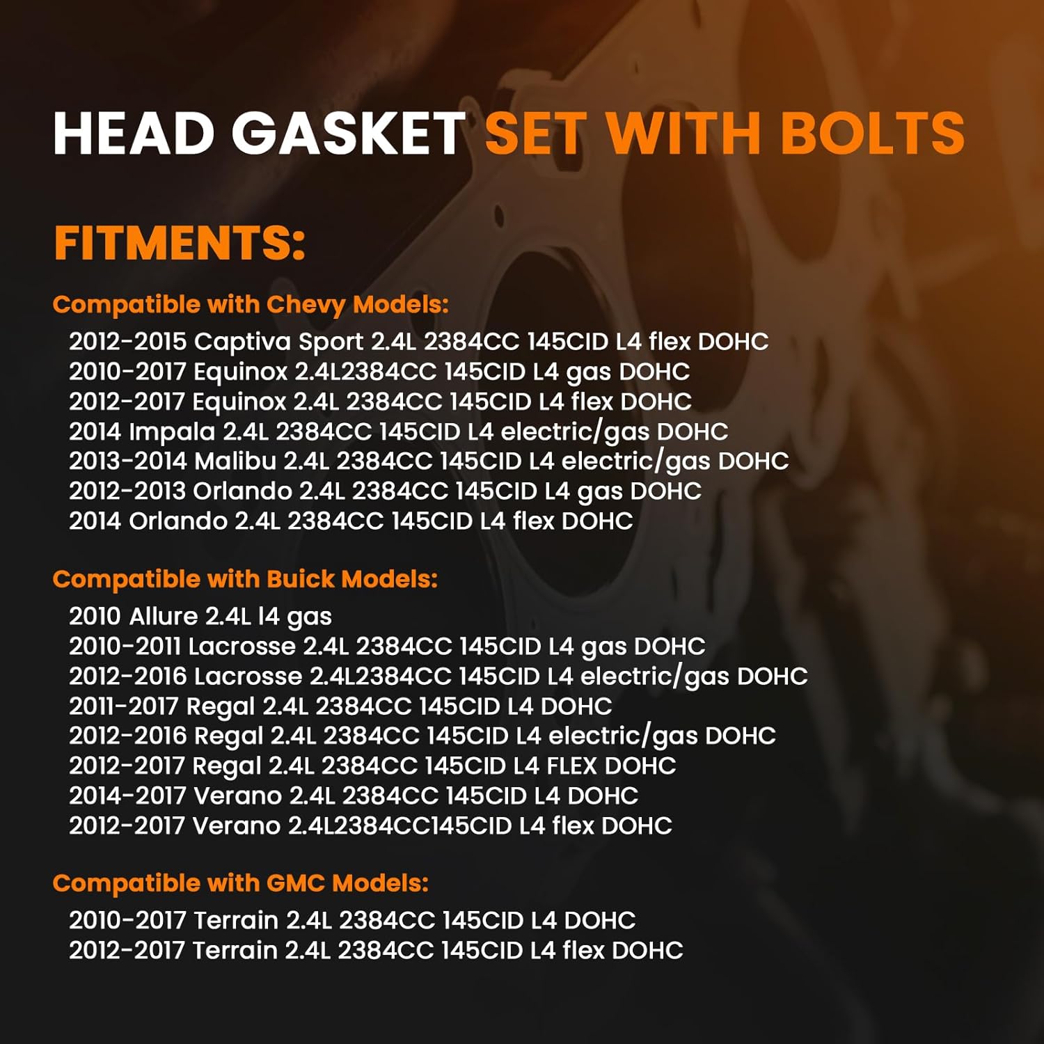 Head Gasket Set with Head Bolts, Intake & Exhaust Valves for Chevy Equinox Orlando Malibu Impala Captiva, Buick Regal Lacrosse Verano, GMC Terrain 2.4L 2010-2017 Replaces IV323 EV314 HS26517PT ES72196