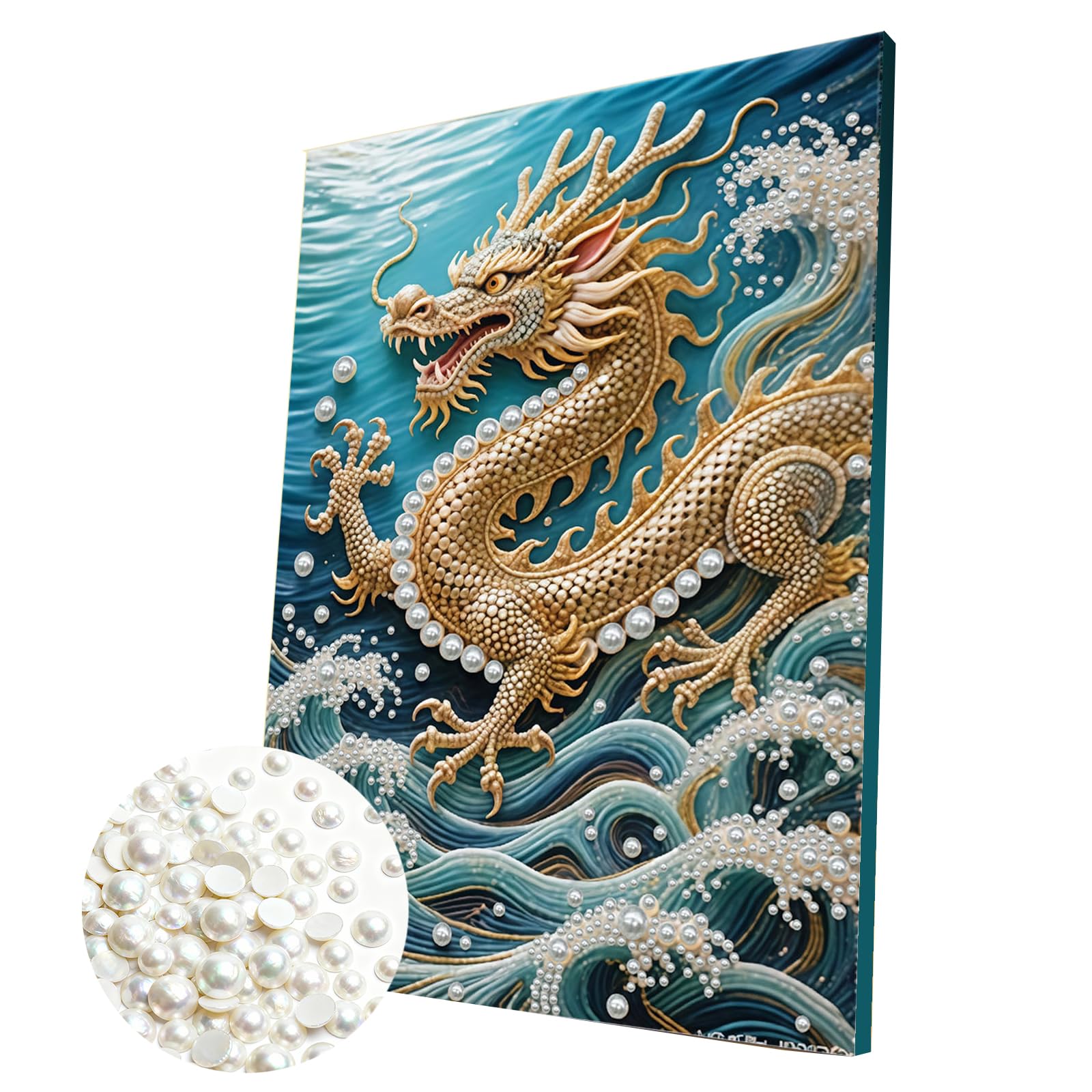 DIY Pearl Painting Kit with Wooden Frame, 3D Plastic Pearl Gemstone Ocean Art Craft for Adults Beginners, Diamond Art Kits for Adults, Home Wall Decor Ready Gift for Women(Dragon)(30 * 40cm)