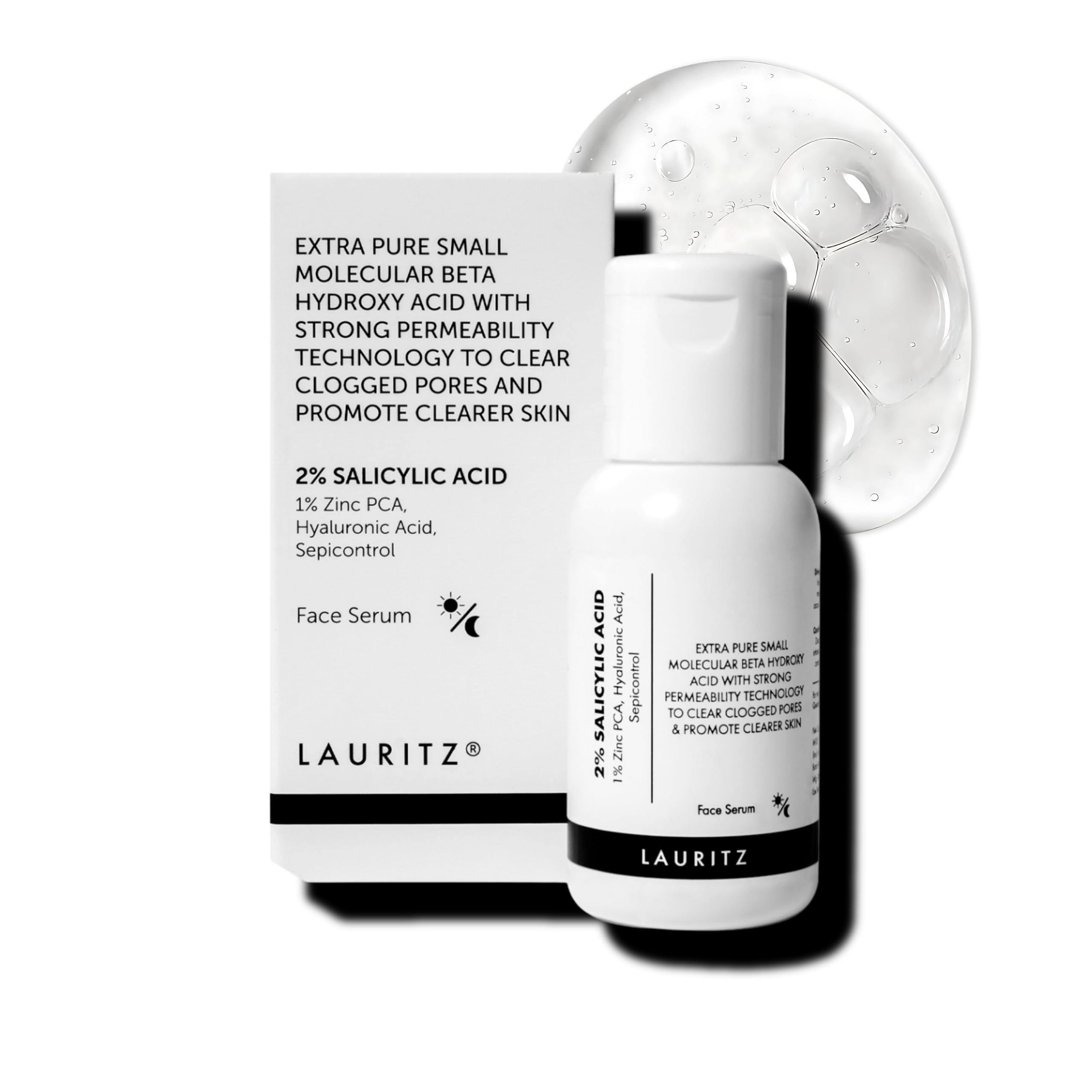 LAURITZ 2% Salicylic Acid BHA Face Serum Treatment with 1% Zinc PCA, Hyaluronic Acid, Sepicontrol For Clogged Pores, Blackheads & Breakouts | Promote Smoother & Clearer Skin | 30ml