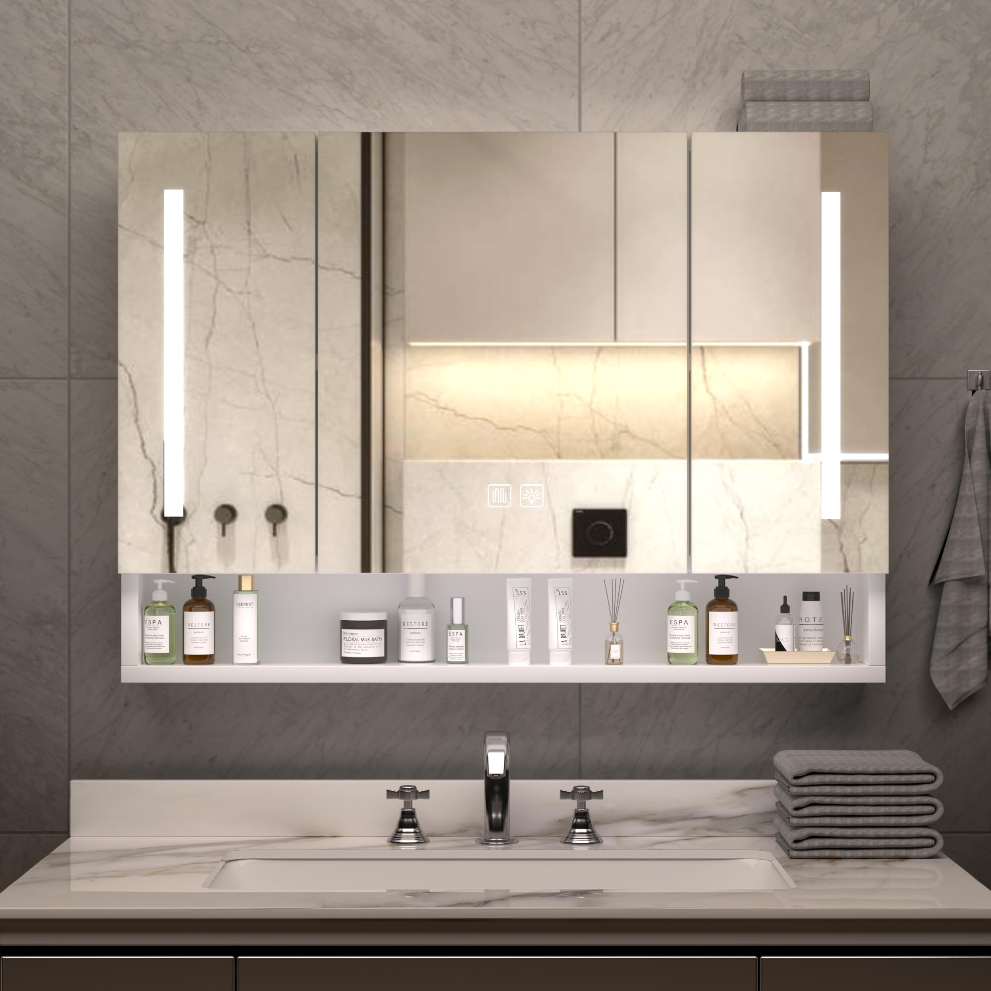 Modern Aluminium Bathroom Cabinet, LED Lighted Mirror, 39"x28"x18", Multilevel Storage, Bathroom Use