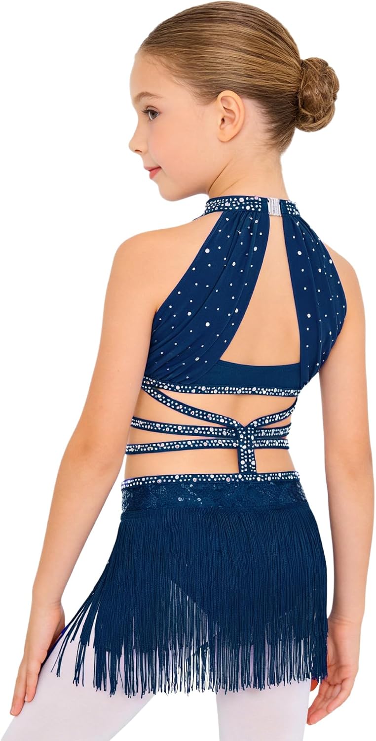 Kids Girls Sequin Tassel Latin Dance Dress Rhinestones Halter Fringe Bodysuit Jazz Ballroom Dancewear