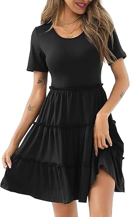 AirZeal Womens Short Sleeve A-Line Dress with Tiered Ruffle, High Waist Slim Fit Elegant Summer Dress