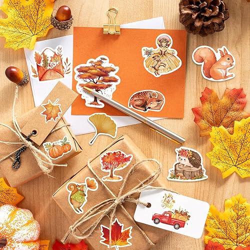 Miniatura 5 de YUJUN 50 calcomanías de otoño de Acción de Gracias, calabaza de otoño, hojas de arce, calcomanías para botellas de agua de Acción de Gracias,