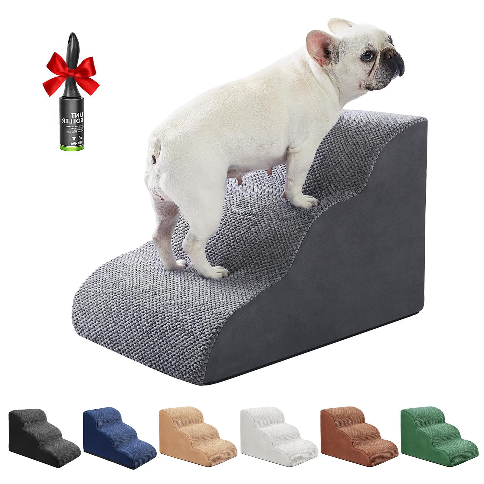 Ryoizen Dog Stairs for Small Dogs, Dog Steps for Bed Pet Stairs for Couch, Dog Ramp with Durable Non-Slip High Density Foam Up to 18'' H, Best for Senior Achy Dog, Cats, Small Pets, Gifts Lint Roller