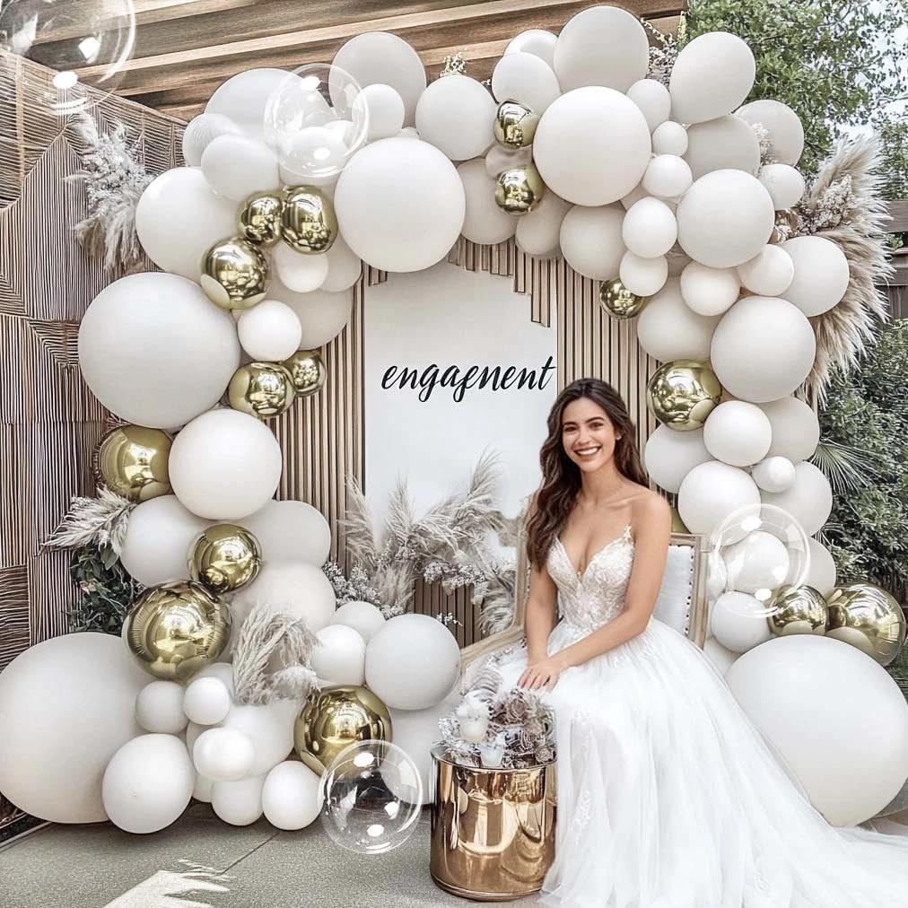 double stuffed white balloon arch with clear bobo, double stuffed light grey different white gold balloon garland kit for bridal wedding engagement birthday christmas valentines party decoration