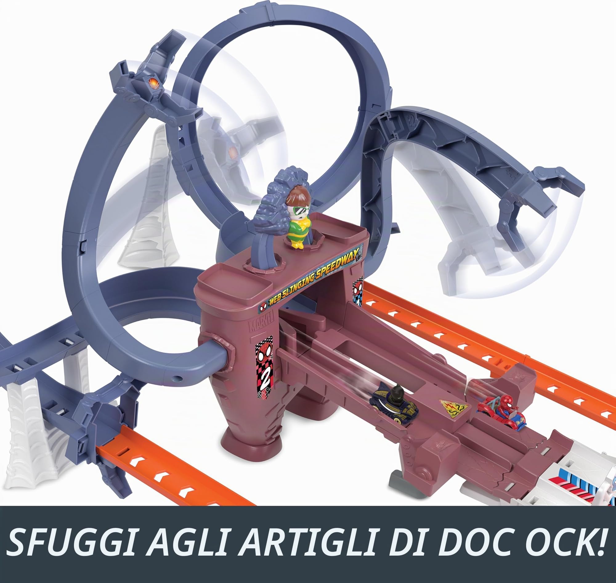 Hot Wheels RacerVerse - Pista ragnatela di Spider-Man, corsa multigiri per sfuggire al Dottor Octopus, include due macchinine di Spider-Man e Black Panther, giocattolo per bambini, 4+ anni, HTM08