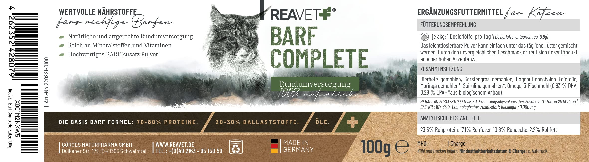 ReaVET Barf Complete Cat for 5 meses – Suministro completo, aditivo Barfen, vitaminas para gatos y minerales