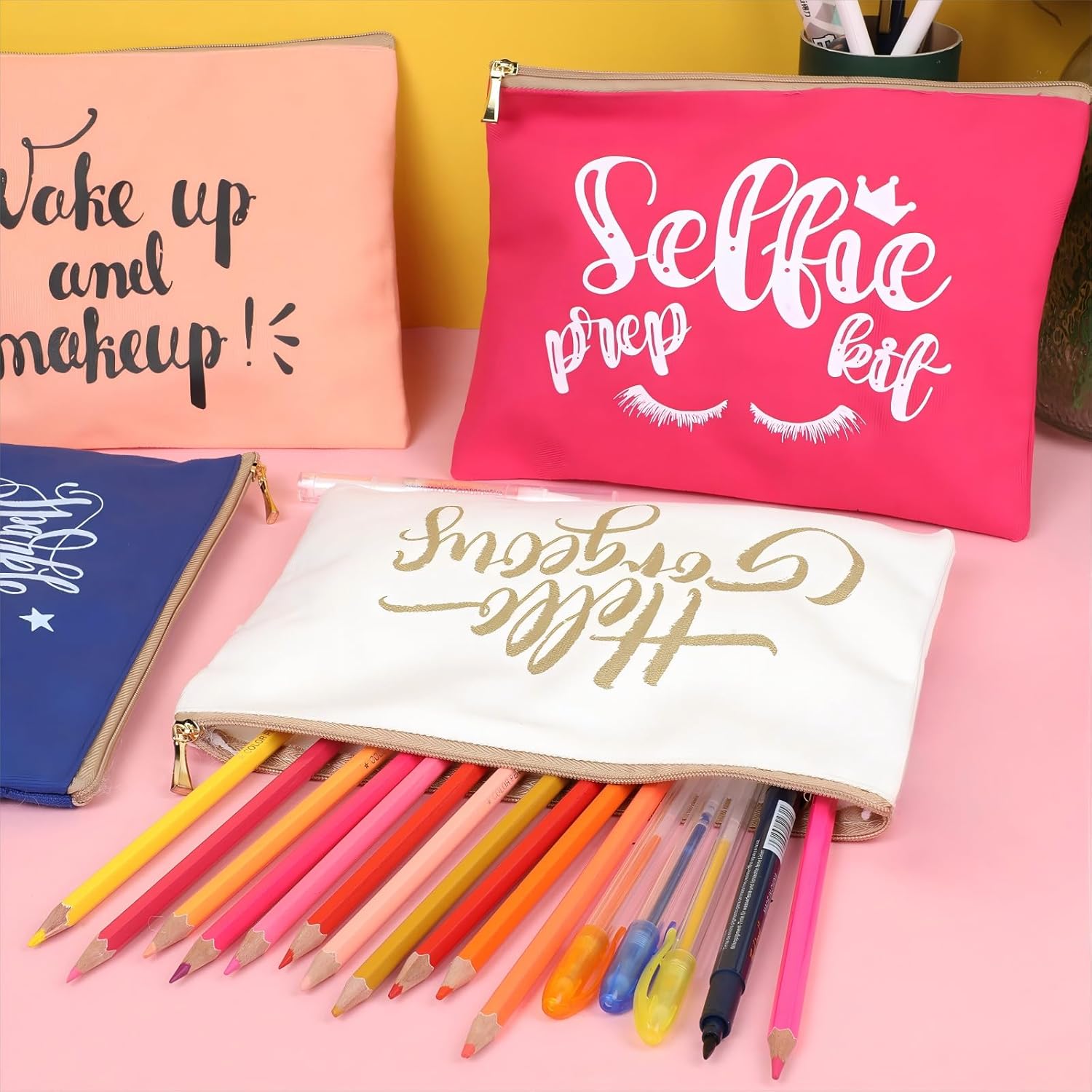 Xuniea 6 Pcs Canvas Makeup Bag Funny Cosmetic Bag Inspirational Multicolor Canvas Makeup Pouch Travel Portable Cute Toiletry Pouch Gift for Women Birthday Holiday Vacations Friends - Image 5