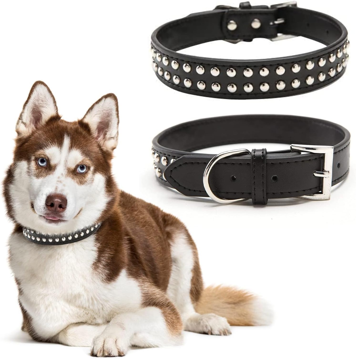 BINGPET BA2006 Adjustable Dog Real Split Leather Studded Pet Dog Collar, Durable Doggy Collars for Small Medium Large Dogs - Black L