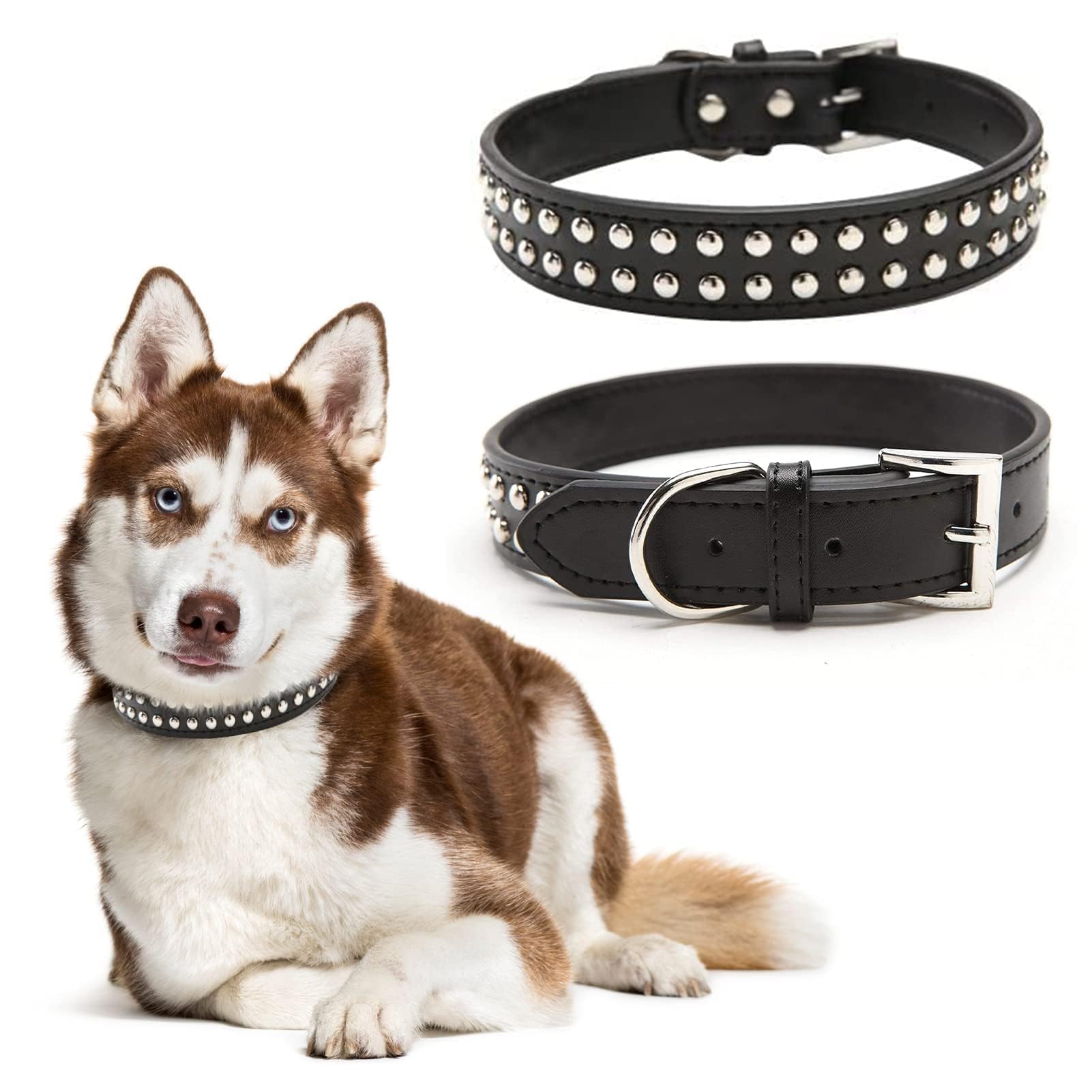 BINGPET BA2006 Real Split Leather Studded Pet Dog Collar Black — image 1