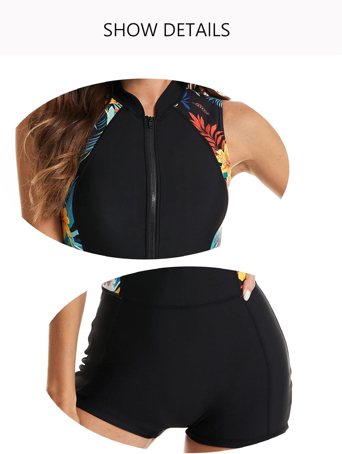 Womens Boyshort One Piece Rash Guard Sleeveless Front Zip UV UPF 50+ Sun Protection Surfing Swimsuit