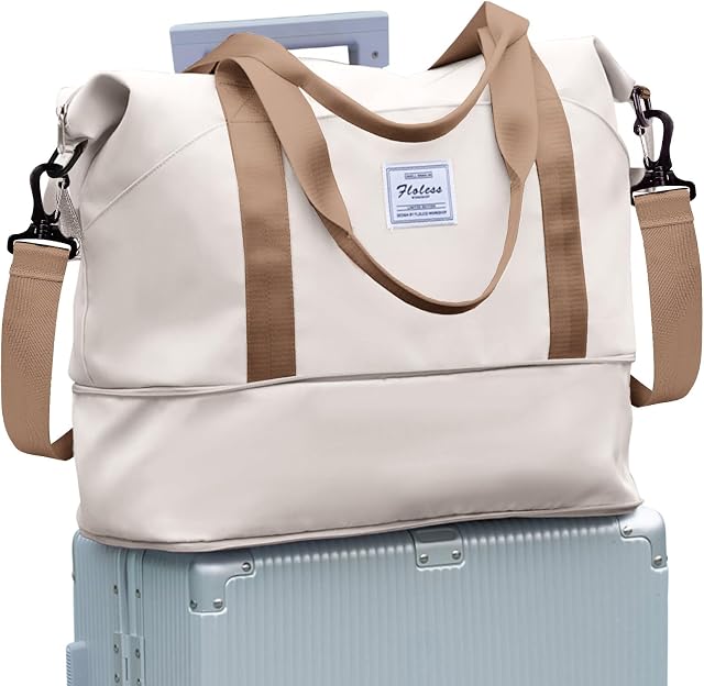 Women Travel Duffle Bag Sport Gym Tote Bag for Women Weekender Carry on Bags Beach Overnight Luggage Bag Waterproof Expandable Lightweight Version Beige Brown