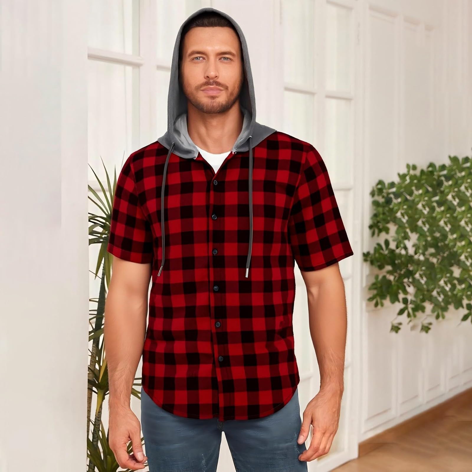Generico Camicia Uomo A Quadri con Cappuccio E Bottoni, Maniche Corte Modello Nuovo per Look Urbani E Comodi nel Periodo Estivo