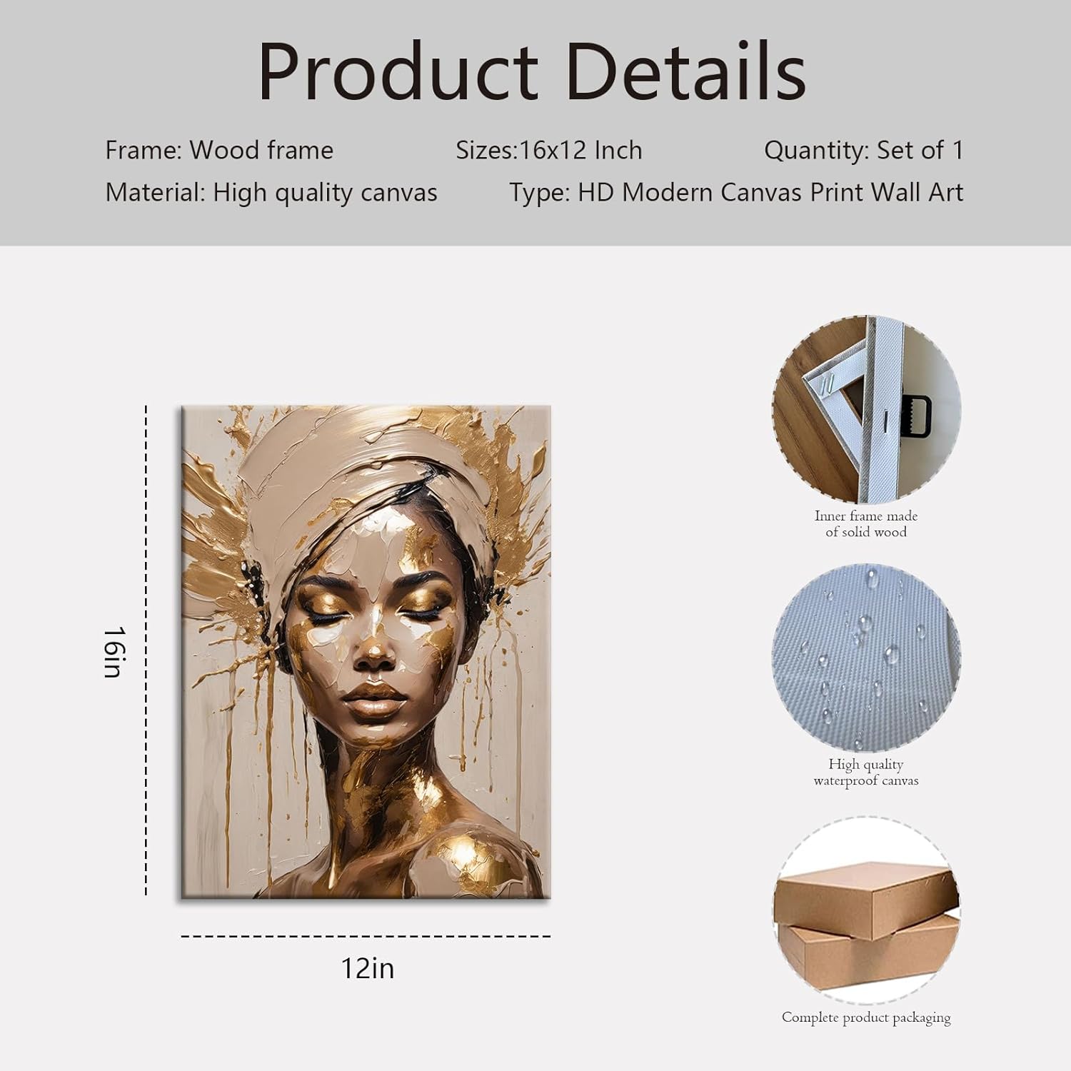 FuFoyi 1Piece Metallic Gold Black Woman Beauty Canvas Wall Art Luxury African American Wall Decor Living Room Bathroom Office Home Decoration 16x24 Inches Framed Ready to Hang