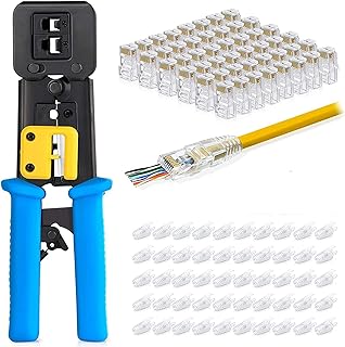 Beauenty RJ45 Crimp Tool Pass Through Connector End With Cat6 Crimping Tool Kit for RJ45 RJ12 Regular,50 Cat6 straight-through connectors, 50Pcs Covers and Mini Wire Stripper (A)