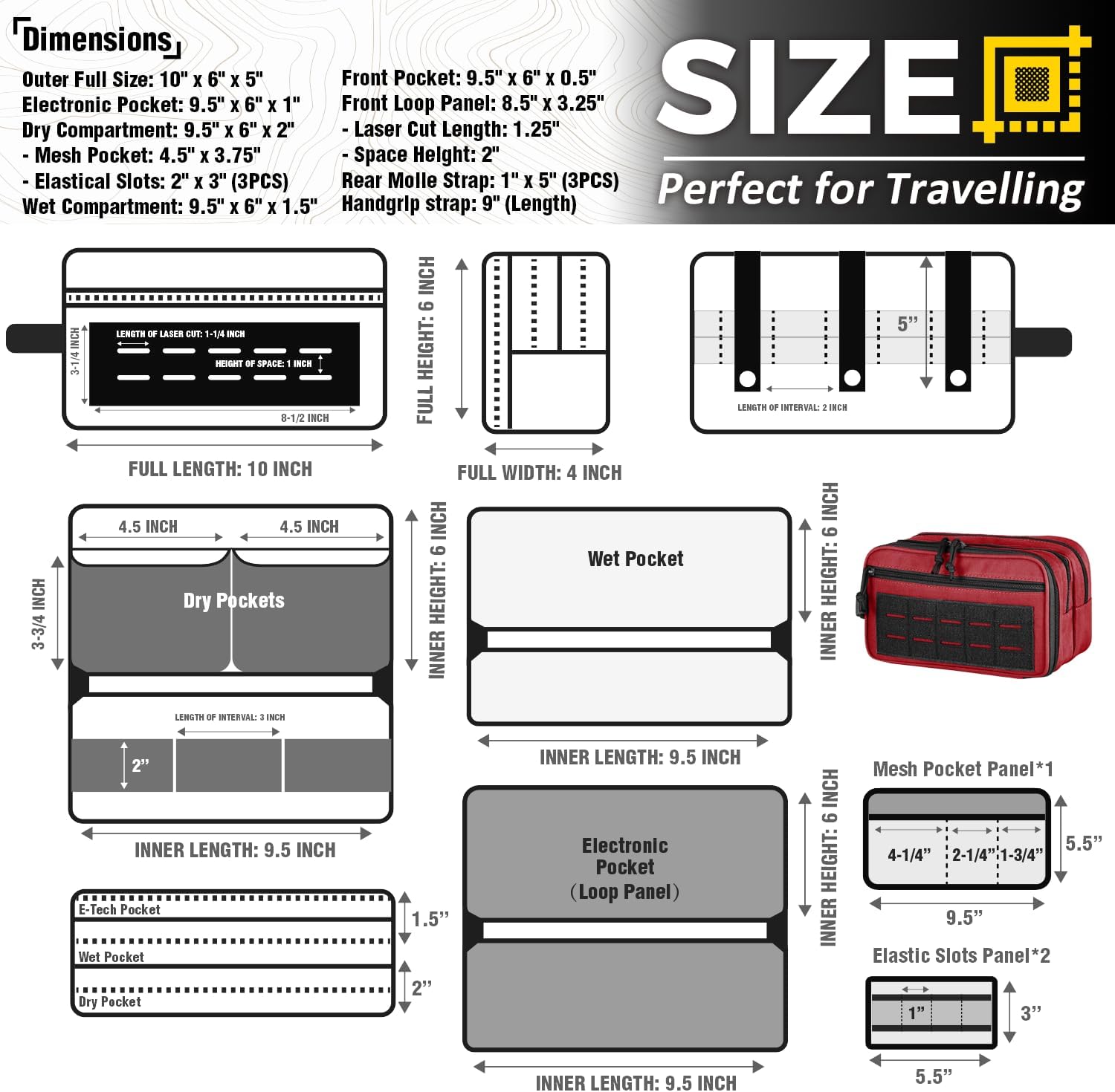 DBTAC Tactical Toiletry Bag w/Electronic Organizer Compartment | Dry/Wet Separate Hygiene Bag, Expanded Travel Dopp Kit Shaving Kit Travel shower Bag for Men (Red)