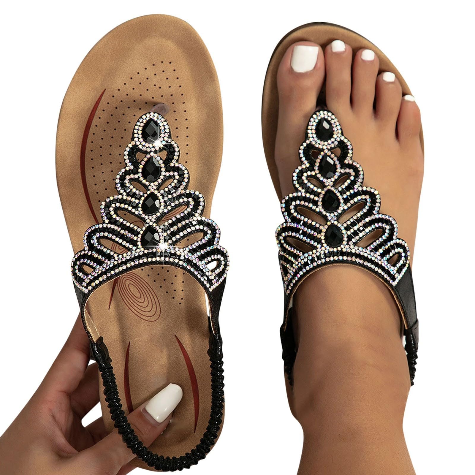 Sandales Femme Été Confortable Bohême Sandale Orthopédique Élégantes Bout Ouvert Pied Large H-Strap Bride Élastique Sangle Strass Chaussure Léger Avec Support Plates De Plage Casual Chaussures 35-46