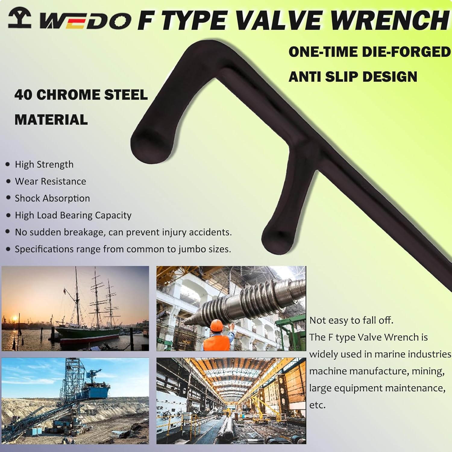 WEDO Jumbo Valve Handle Wrench F Type, One-time Die Forged, Strong Torque, High Strength, Wear Resistance, Black-Spray on Surface, 40 Chrome Steel,Size 70 * 600mm Metric