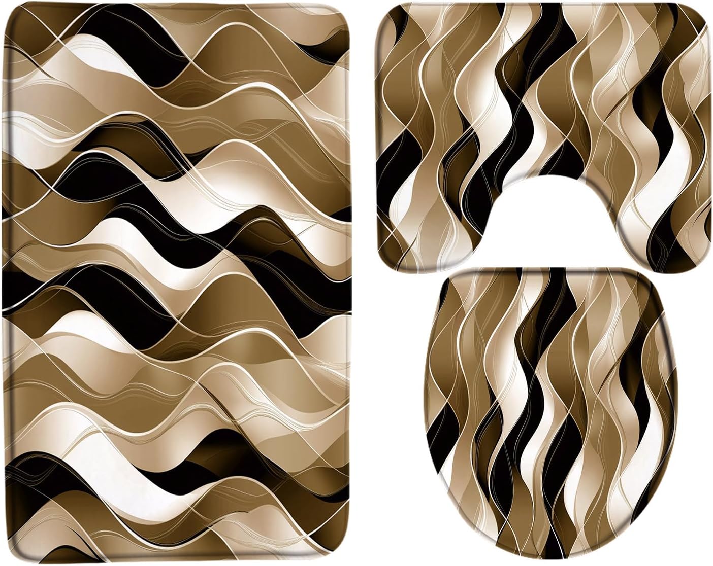 3Pcs Navy Blue Black Stripes Bath Mat Set,Modern Abstract Grey White Ombre Wavy Line Minimalist Art Bathroom Doormat Rugs,Toilet Seat Cover,U-Shaped Floor Mat