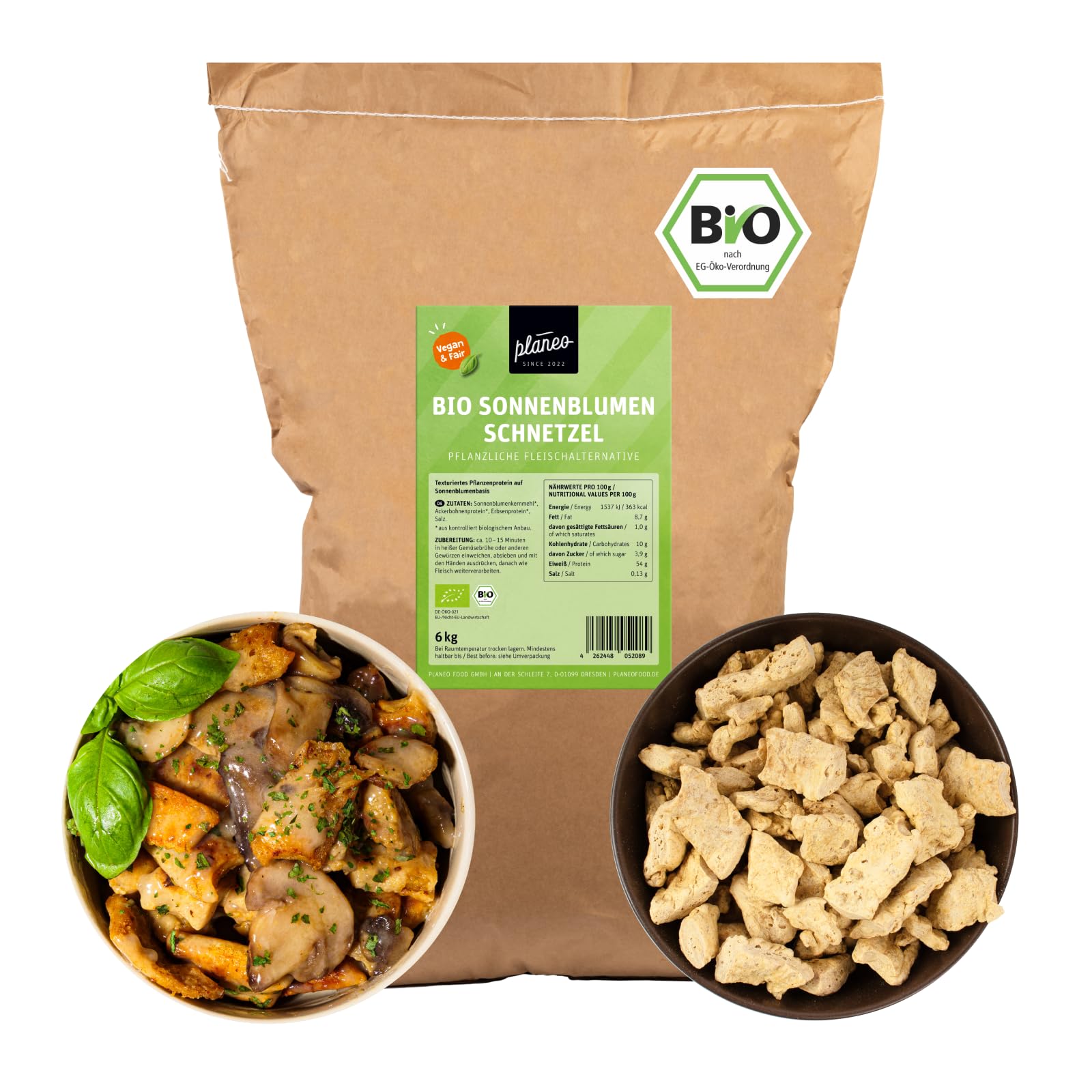 Planeo Bio Sonnenblumen Schnetzel 6kg - pflanzliche Alternative zu Geschnetzeltem aus Sonnenblume, Erbsen und Ackerbohnen, Hoher Proteingehalt über 50%, als Großpack ideal für Großfamilie und Gastro