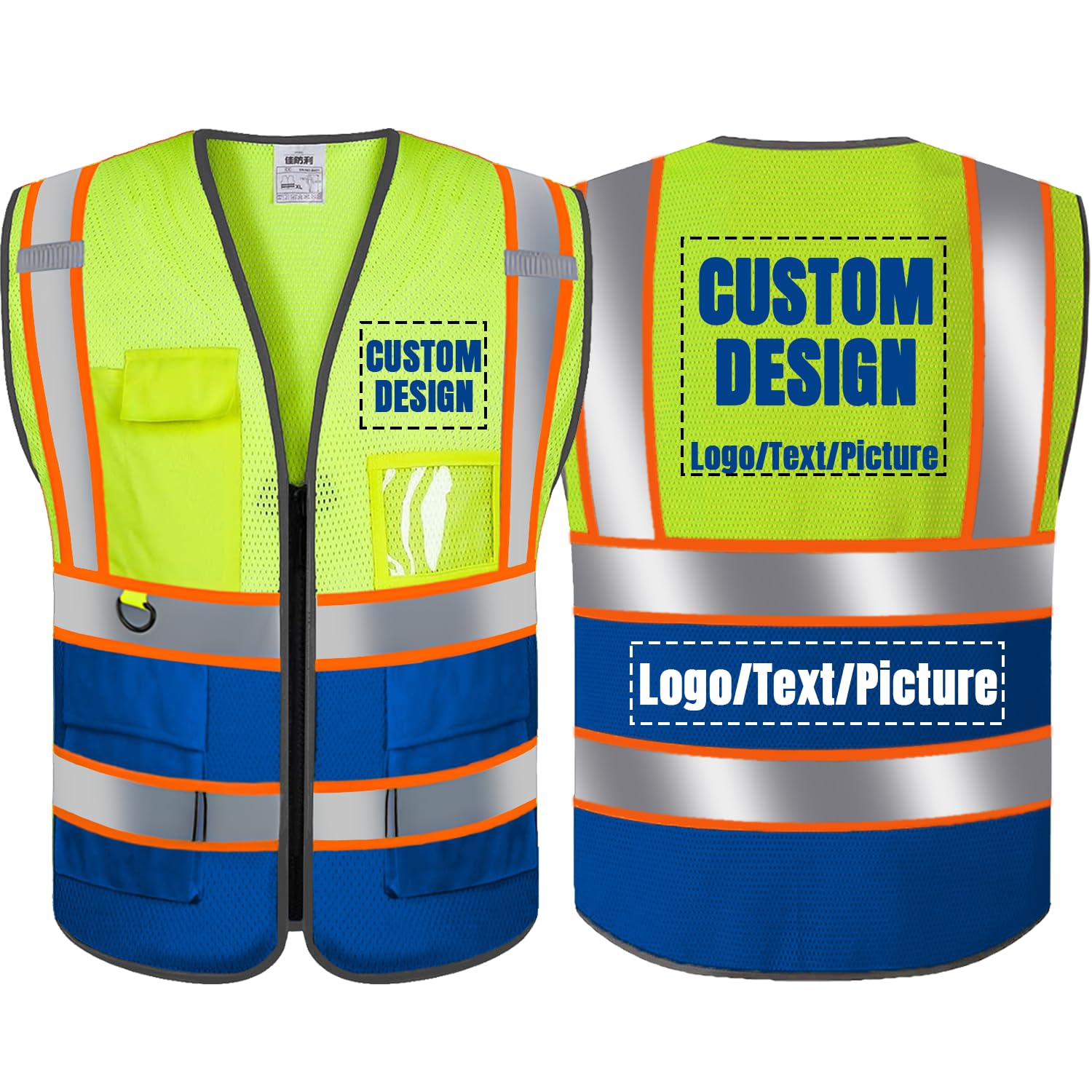 Custom Logo Mesh Safety Vest Class 2 High Visibility Reflective Vest with Pockets Breathable Construction Workwear Yellow Blue