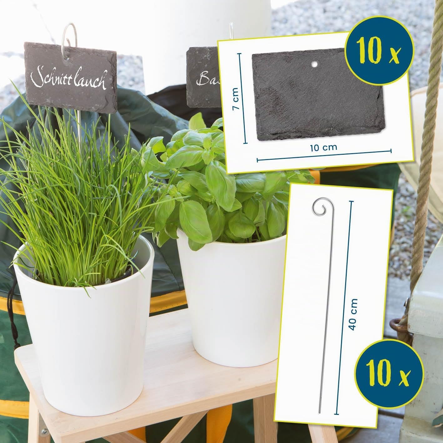 Hoberg Étiquettes Plantes en ardoise - Set de 10 | Résistant aux intempéries, réutilisable | Inscription individuelle de plantes & herbes | Avec piquets de terre en acier | 10 x 7 x 0,5 cm [Carrés]