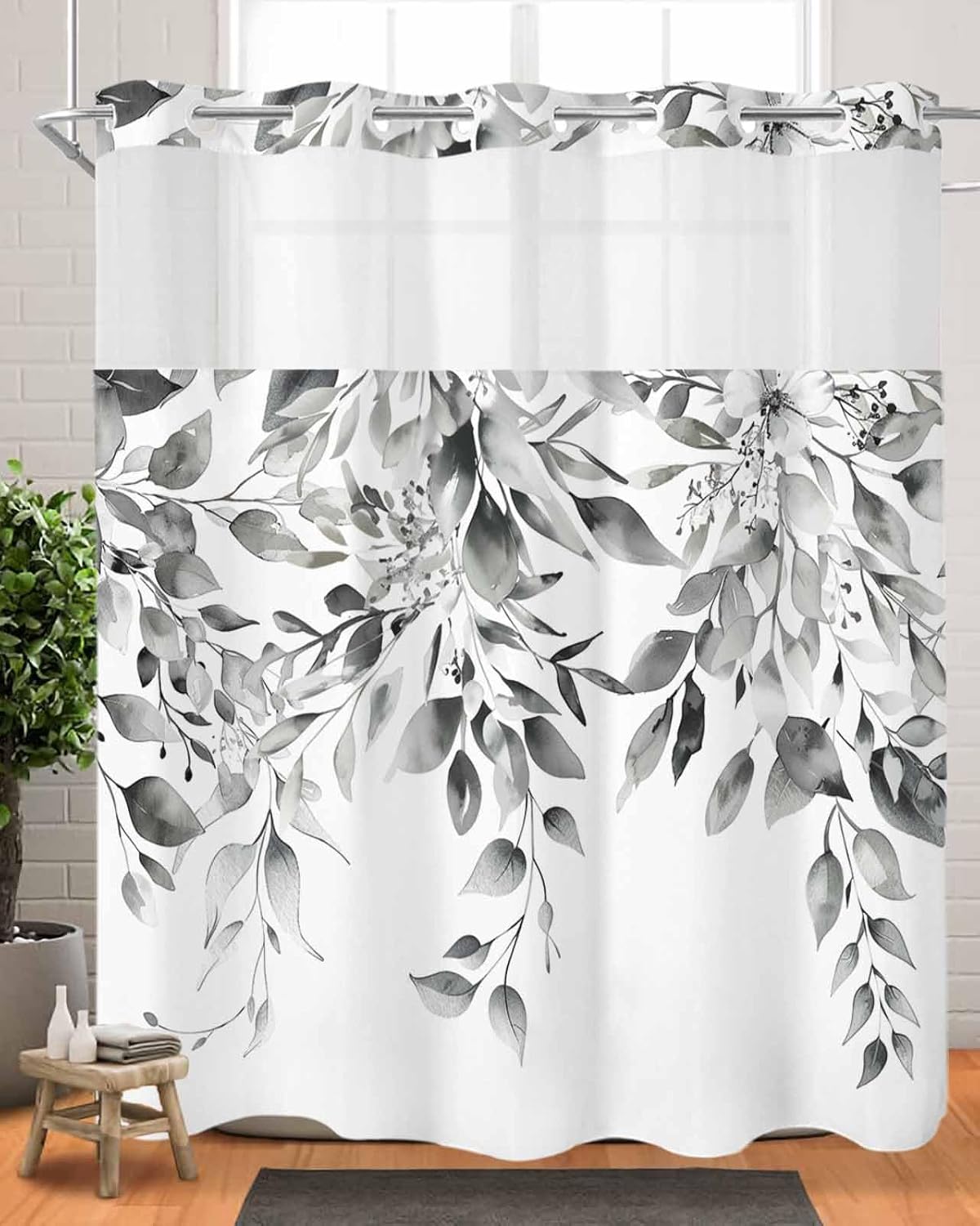 Rustic No Hook Shower Curtain with Snap in Liner, Gray Plants Eucalyptus Leaves Bath Curtain with See Through Top Window Double Layer Waterproof Bath Decorative 72" x 78"