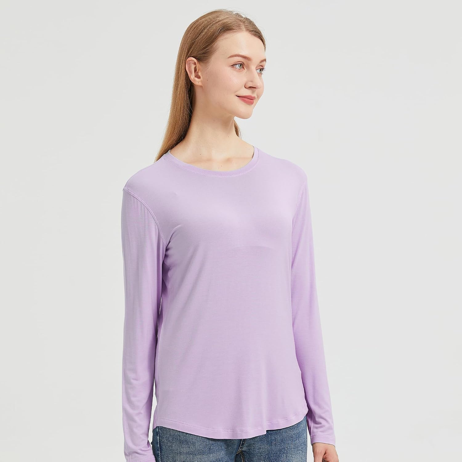 netdraw Women's Lightweight Bamboo Viscose T-Shirt Buttery Soft Curved Hem Long Sleeve Sleep Lounge Pajama Tops