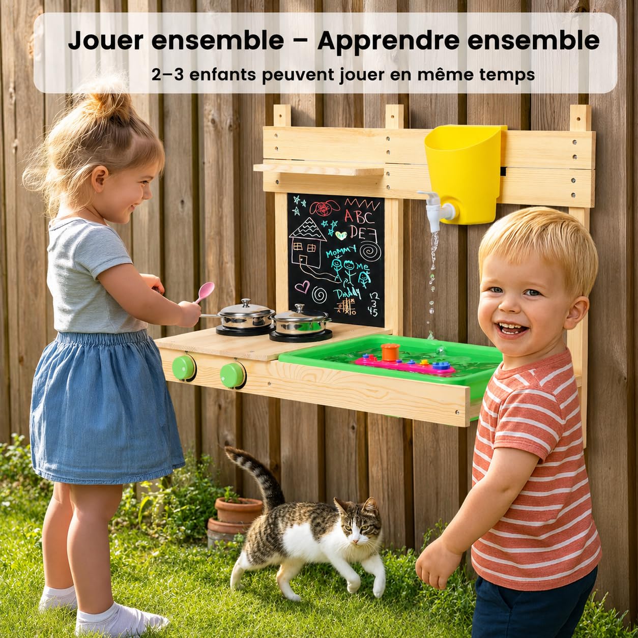 BlueWood Matschküche Kinder Outdoor, Kinderküche Holzspielzeug-Spielset mit, Spielfutter, Kochset und Matschküche Zubehör, Spielküche für Rollenspiel ab 3 Jahren Wandhängerversion