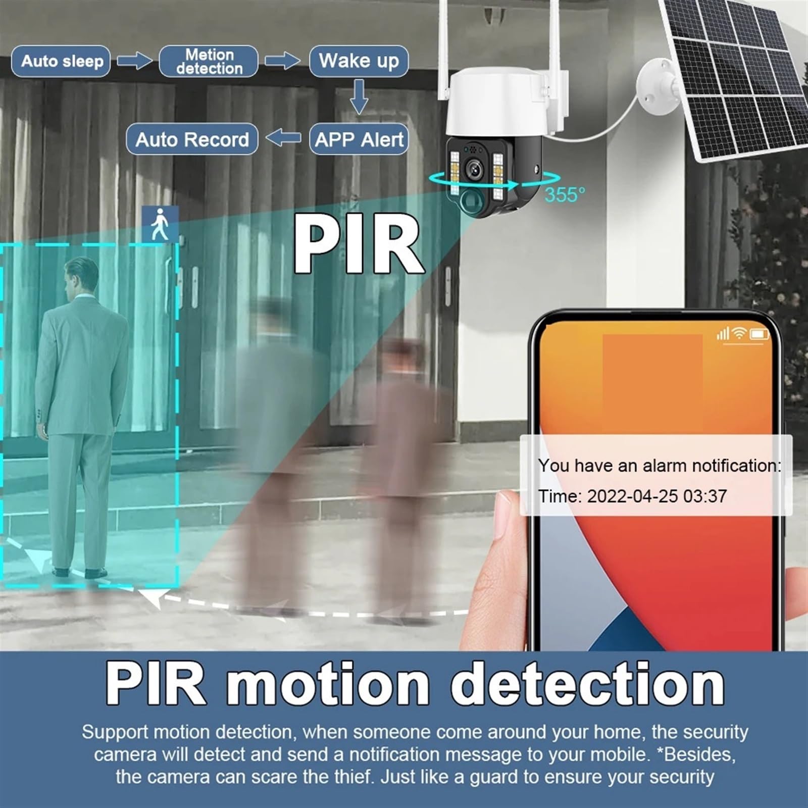 Caméra de sécurité, Caméra Solaire 4G Sim Alimentation extérieure Camara PIR détection humanoïde CCTV Protection de sécurité Batterie intégrée avec Panneau(WiFi Cam 128G Card)