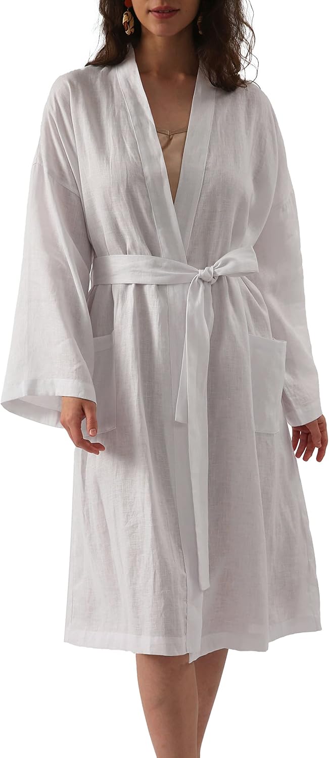 Amazhiyu Womens Pure Linen Mid Length Kimono Robes Lightweight Long Sleeve Bathrobe
