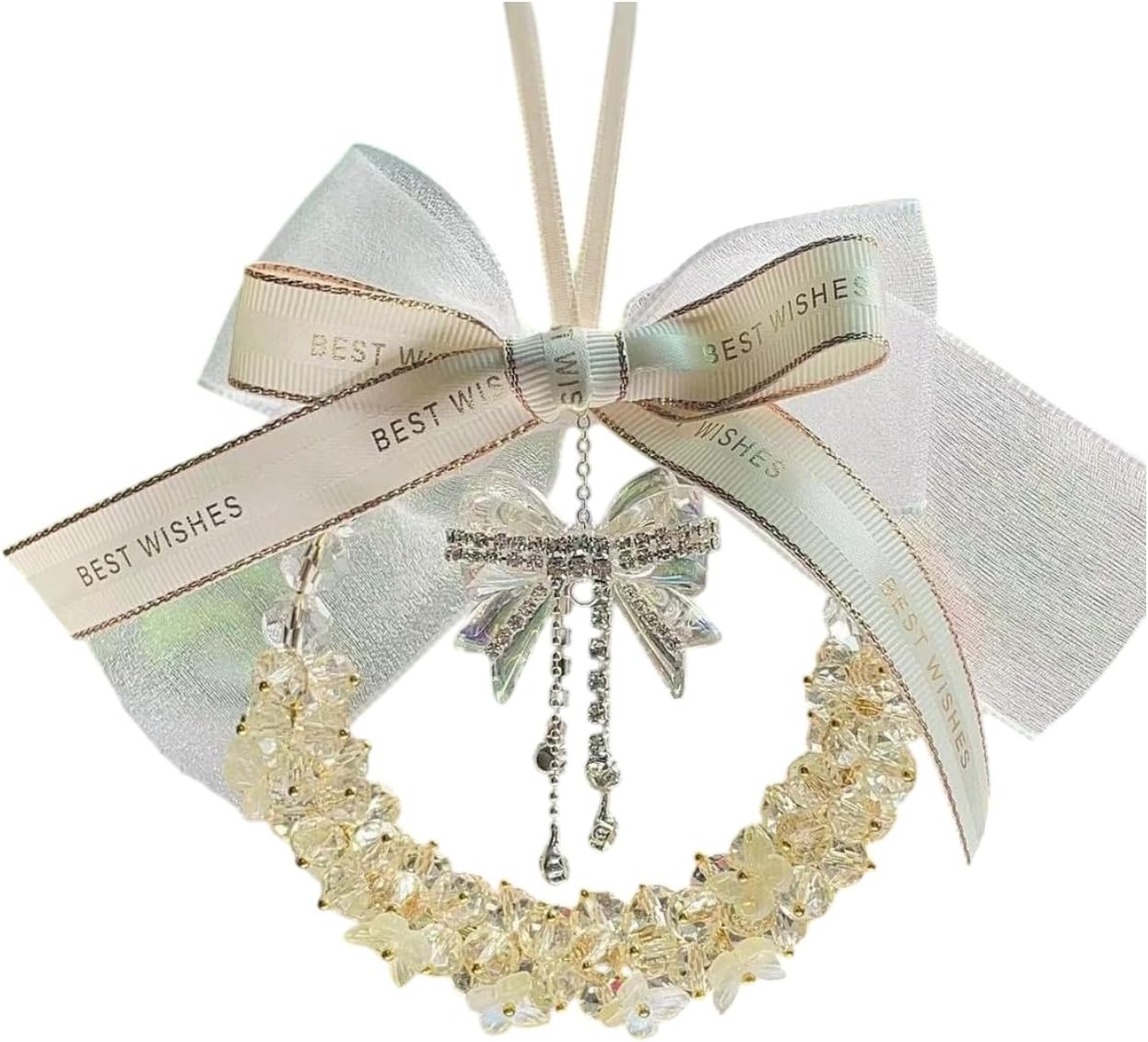 Car Pendant for Buick Envision 2021 2022 2023 2024,Hanging Ornament Rearview Mirror Imitation Crystal Beads Ribbon Bow Hanging Ornament Sparkling Auto Interior Decor,Beige