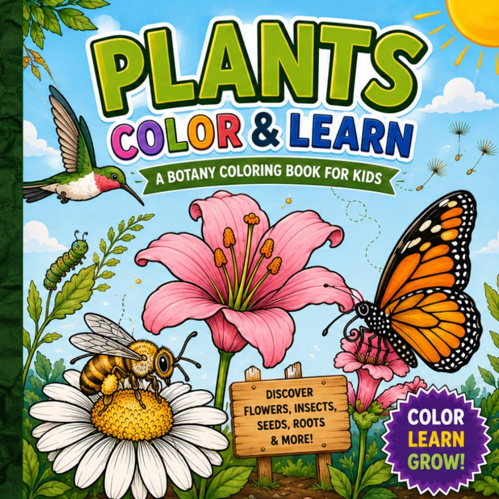 Plants Coloring Book for Kids Ages 4–8: Fun and Educational Botanical Coloring Pages with Flowers, Bees, Butterflies, Seeds, Roots and Nature Activities