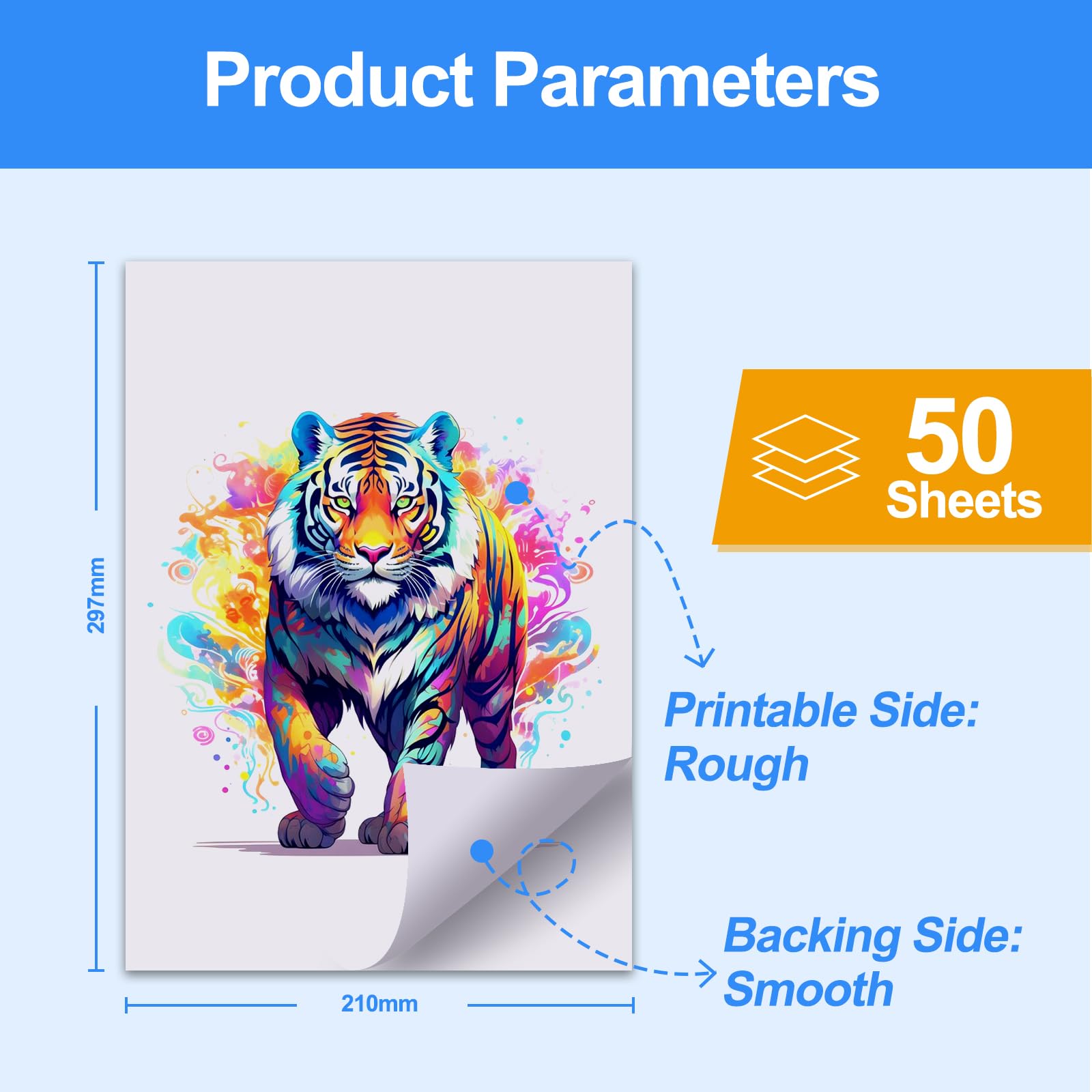DTF Transfert Film Papier A4-21cm x 29.7cm,50 Feuilles de DTF Transfer Papier pour Epson Drucker, Film de Transfert Thermique PET direkt sur T-Shirts & Textile