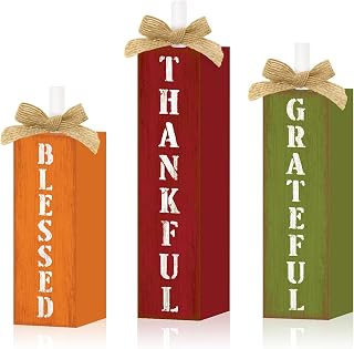 3 Pcs Fall Sign Wooden Thanksgiving Tiered Tray Decor, Blessed Thankful Grateful Table Decor Vintage Farmhouse Autumn Harvest Tabletop Centerpieces Fall Decorations for Home Kitchen Indoor Mantel