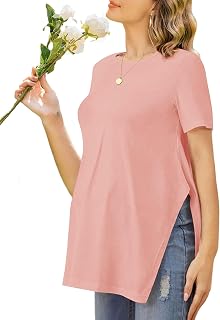 Ekouaer Women's Maternity Shirts Short Sleeve Pregnancy Tops Blouses Split Side Casual Crewneck Pregnant Tunic Tee