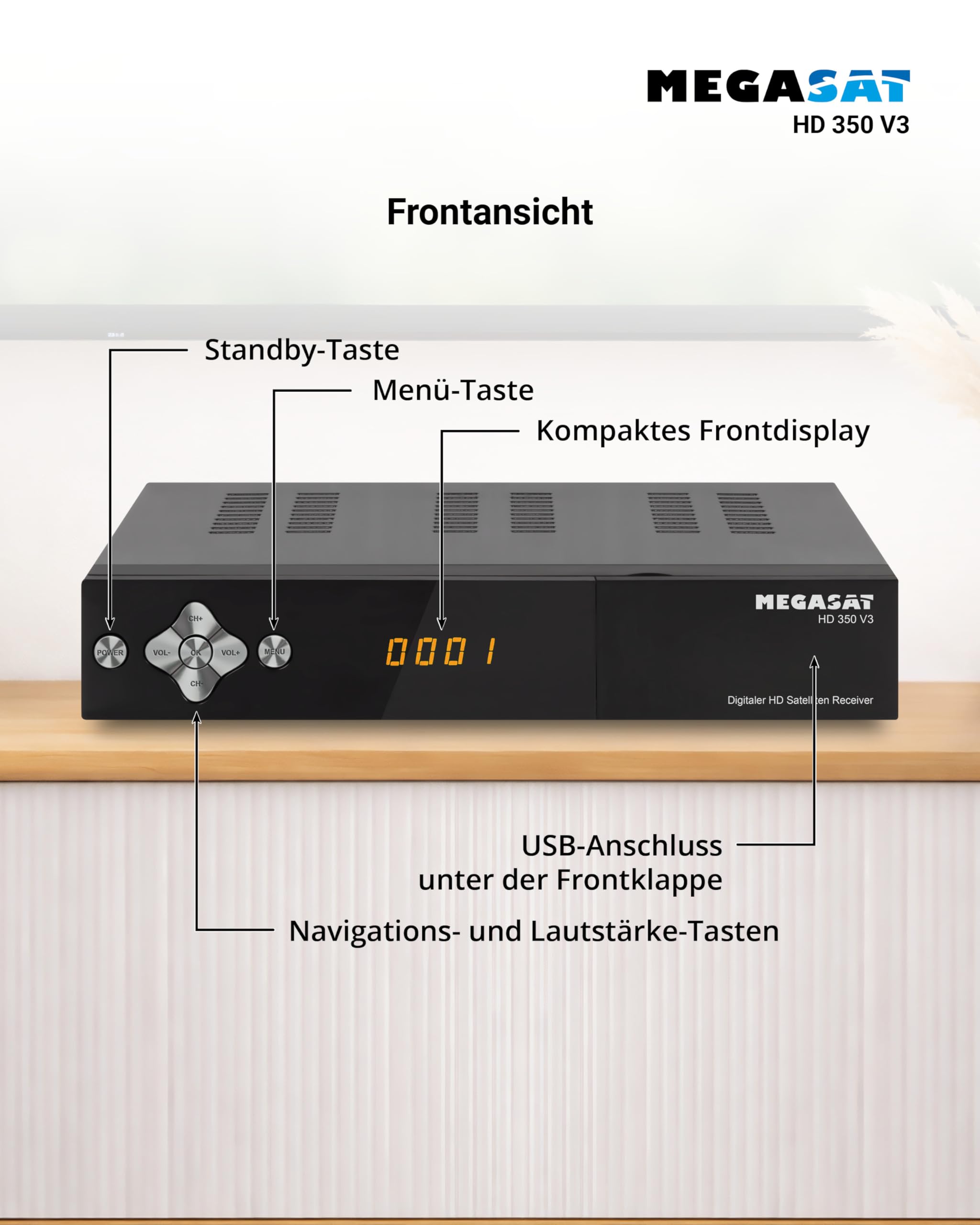 Megasat HD 350 V3 – HD-Sat-Receiver, HDMI, SCART, 2 × USB – Schwarz | Free-to-Air Satelliten-Receiver, DVB-S2, Mediaplayer, Display, 230/12 Volt