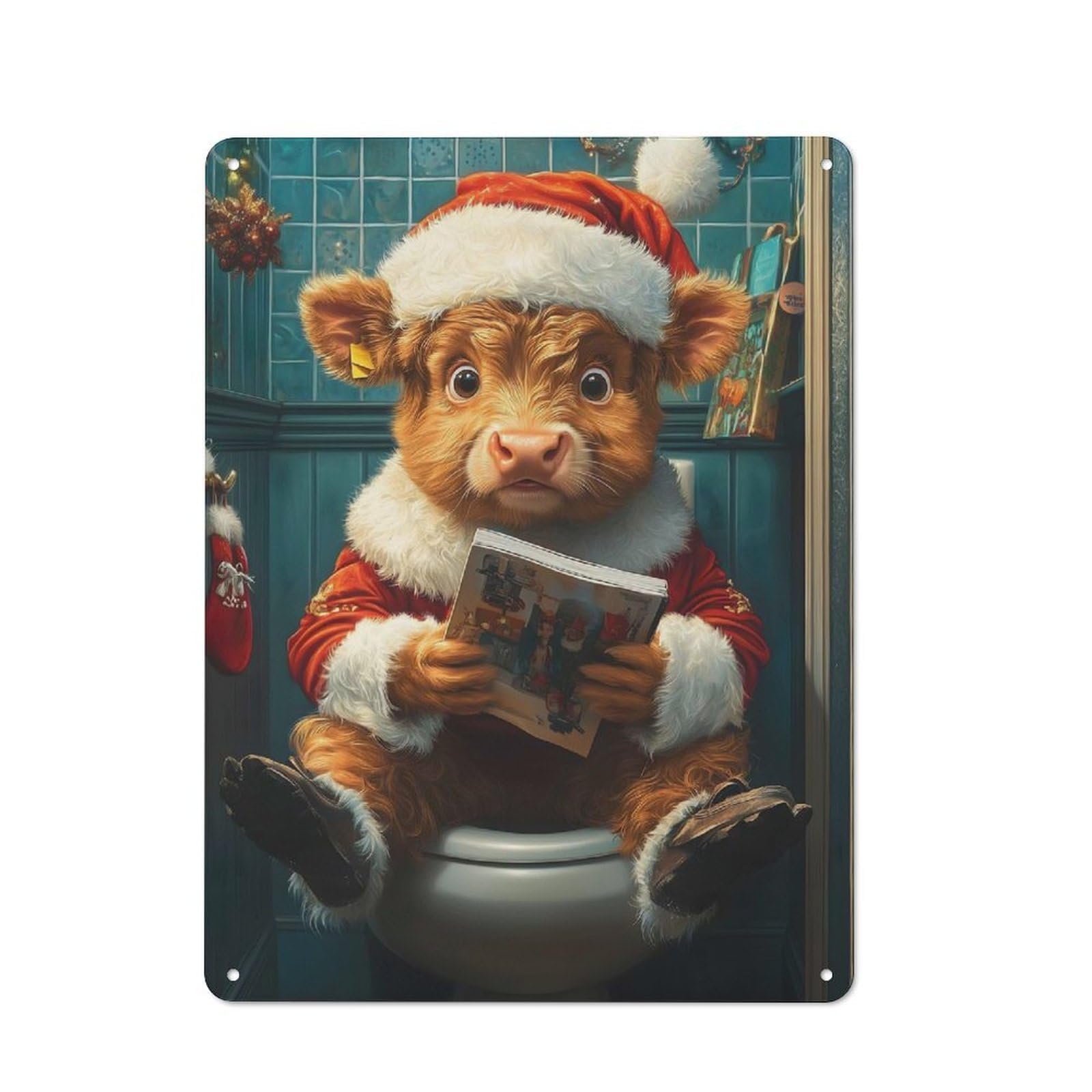 Junmoney Highland Cow Santa On Toilet 40X30cm Rustic Metal Plaque With For Café Or Restaurant, For Themed Interiors In Cafés And Restaurants